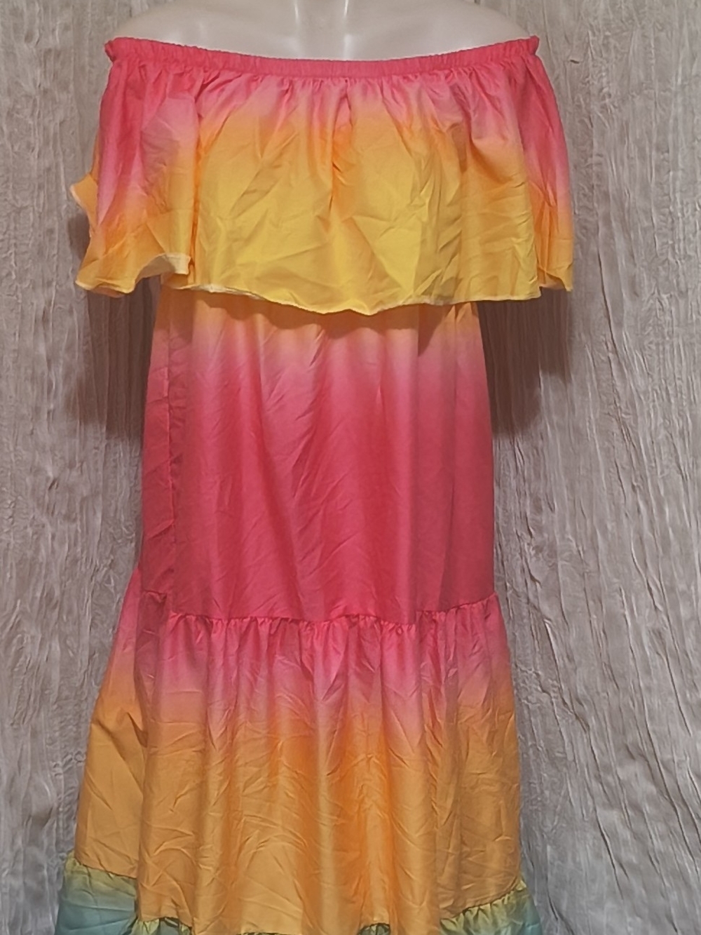 Off-Shoulder Ombre Maxi Dress in Pink and Yellow